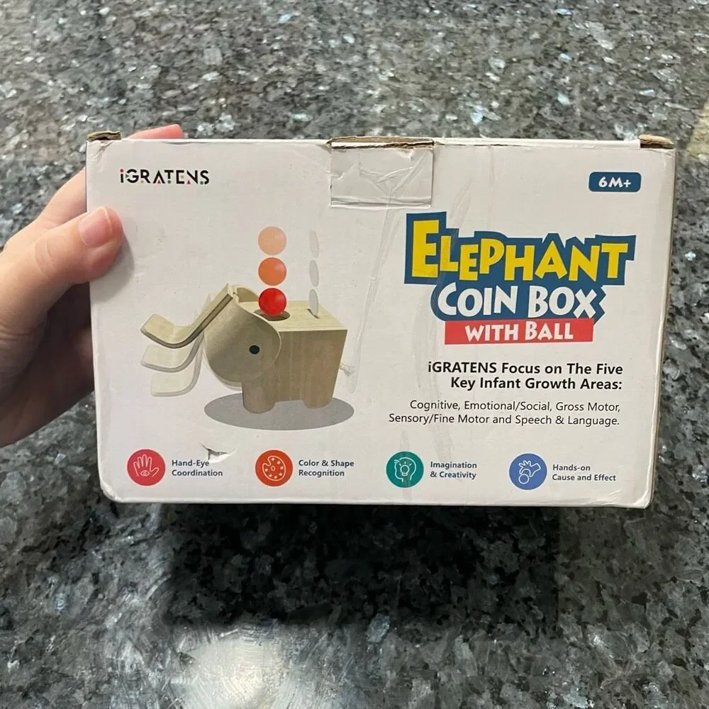Montessori Elephant Coin Box with Ball by iGRATENS | Wooden Toy for Baby 6M+